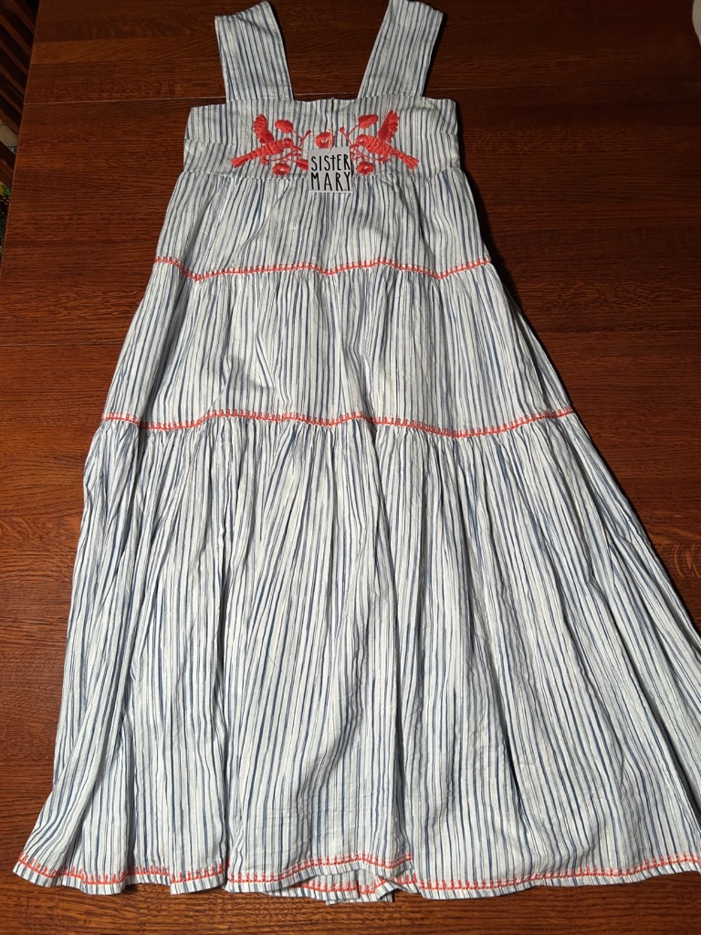 NWT Sister Mary Blue & White Striped Maxi Dress with Coral Embroidery